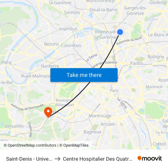 Saint-Denis - Université to Centre Hospitalier Des Quatre Villes map