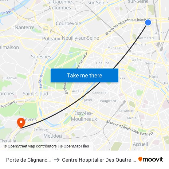 Porte de Clignancourt to Centre Hospitalier Des Quatre Villes map