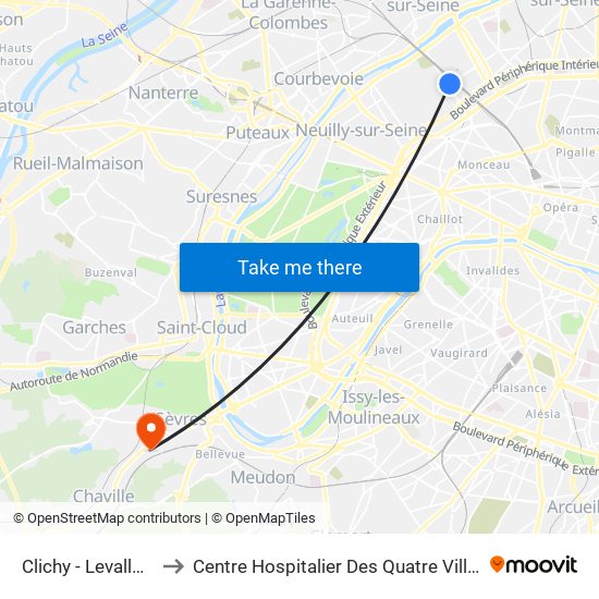 Clichy - Levallois to Centre Hospitalier Des Quatre Villes map