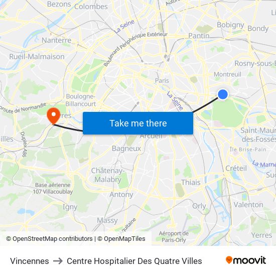 Vincennes to Centre Hospitalier Des Quatre Villes map