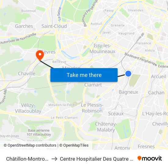 Châtillon-Montrouge to Centre Hospitalier Des Quatre Villes map