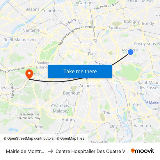 Mairie de Montreuil to Centre Hospitalier Des Quatre Villes map