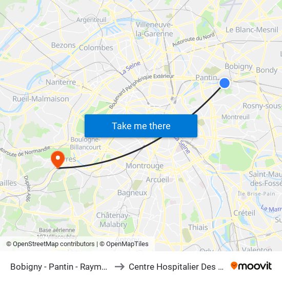 Bobigny - Pantin - Raymond Queneau to Centre Hospitalier Des Quatre Villes map