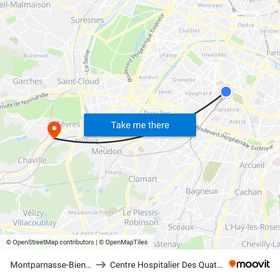 Montparnasse-Bienvenue to Centre Hospitalier Des Quatre Villes map