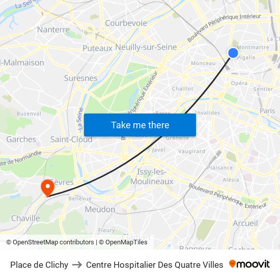 Place de Clichy to Centre Hospitalier Des Quatre Villes map