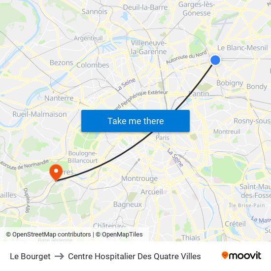 Le Bourget to Centre Hospitalier Des Quatre Villes map