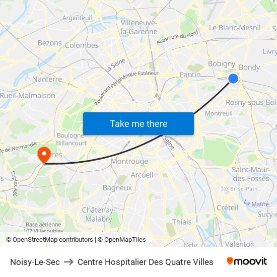 Noisy-Le-Sec to Centre Hospitalier Des Quatre Villes map