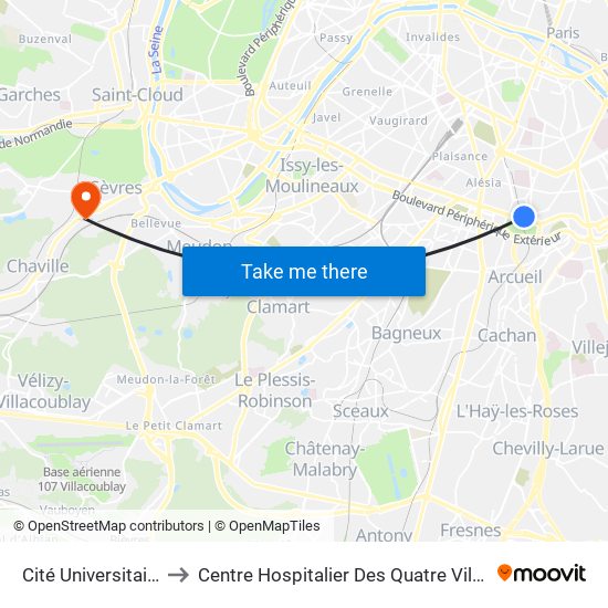 Cité Universitaire to Centre Hospitalier Des Quatre Villes map