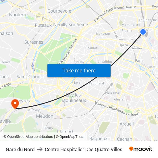 Gare du Nord to Centre Hospitalier Des Quatre Villes map
