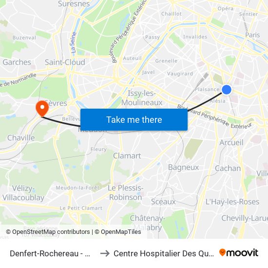 Denfert-Rochereau - Métro-Rer to Centre Hospitalier Des Quatre Villes map