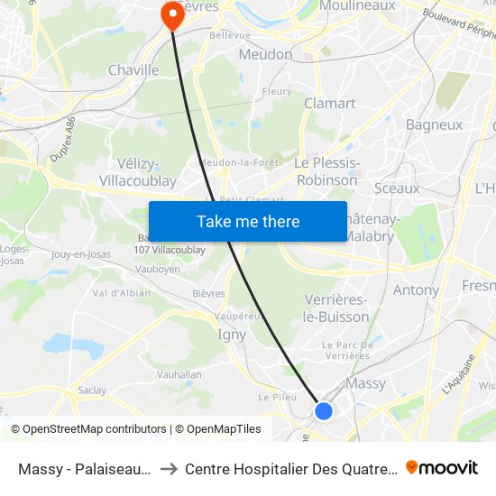 Massy - Palaiseau RER to Centre Hospitalier Des Quatre Villes map