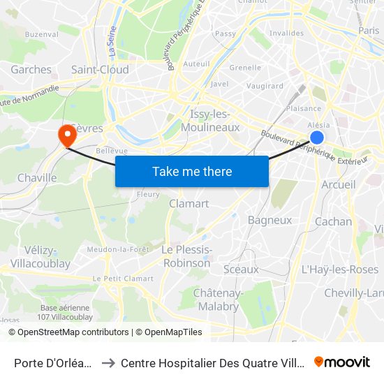 Porte D'Orléans to Centre Hospitalier Des Quatre Villes map