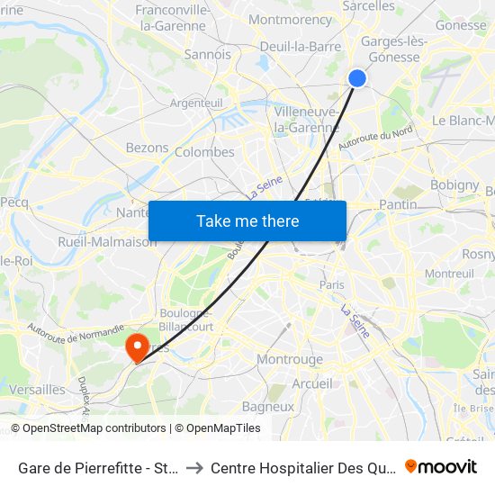 Gare de Pierrefitte - Stains RER to Centre Hospitalier Des Quatre Villes map