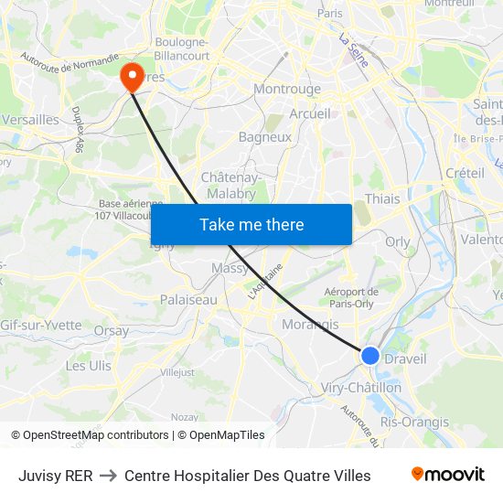 Juvisy RER to Centre Hospitalier Des Quatre Villes map