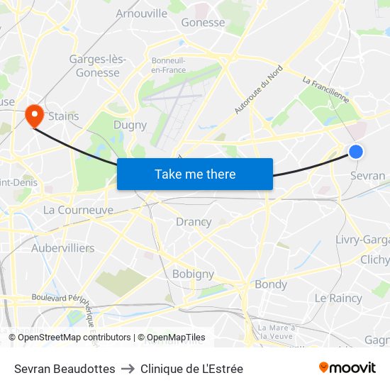 Sevran Beaudottes to Clinique de L'Estrée map