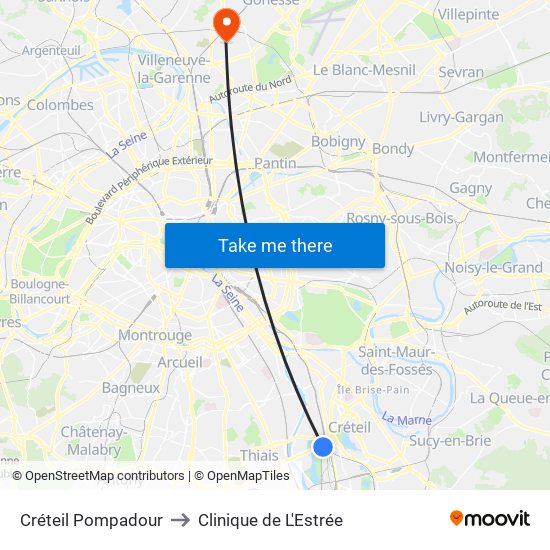 Créteil Pompadour to Clinique de L'Estrée map