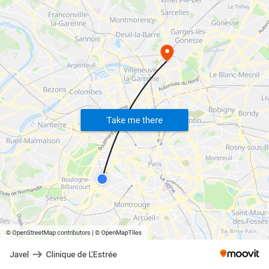 Javel to Clinique de L'Estrée map