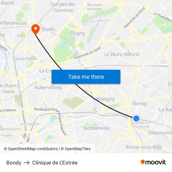 Bondy to Clinique de L'Estrée map