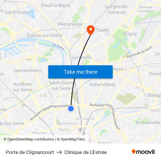 Porte de Clignancourt to Clinique de L'Estrée map