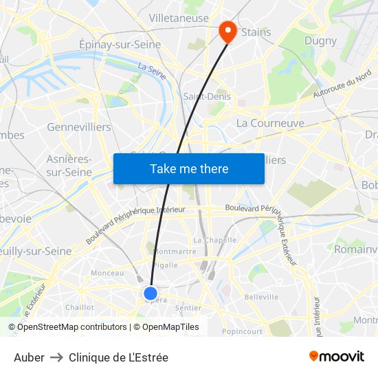 Auber to Clinique de L'Estrée map