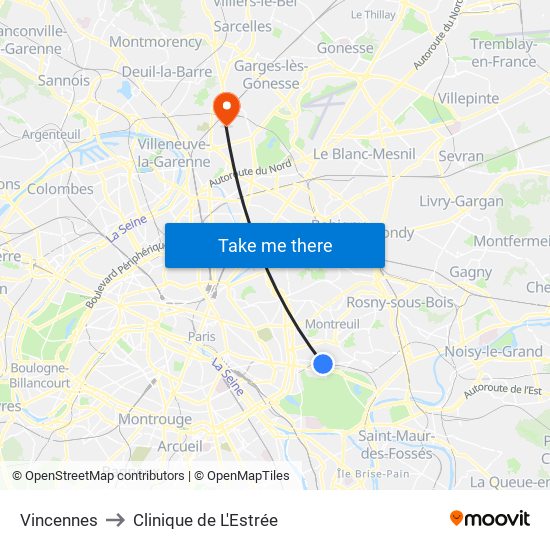 Vincennes to Clinique de L'Estrée map