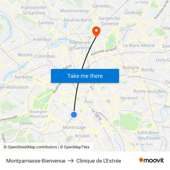 Montparnasse-Bienvenue to Clinique de L'Estrée map