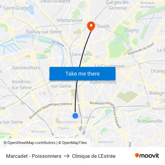 Marcadet - Poissonniers to Clinique de L'Estrée map