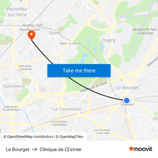 Le Bourget to Clinique de L'Estrée map