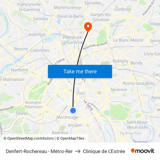 Denfert-Rochereau - Métro-Rer to Clinique de L'Estrée map