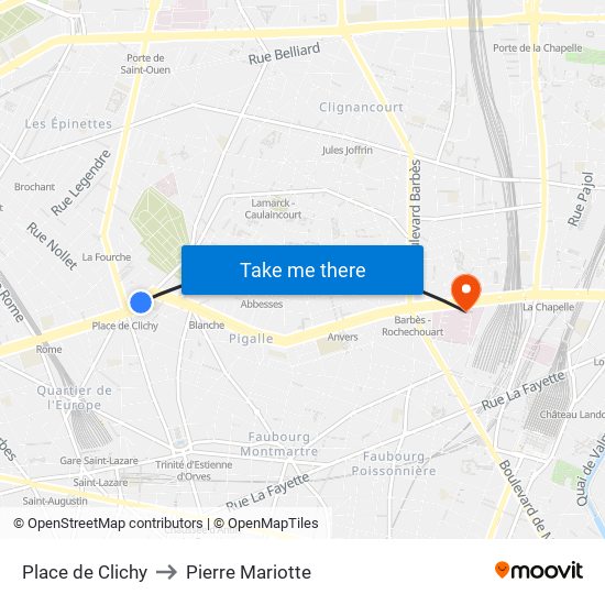 Place de Clichy to Pierre Mariotte map