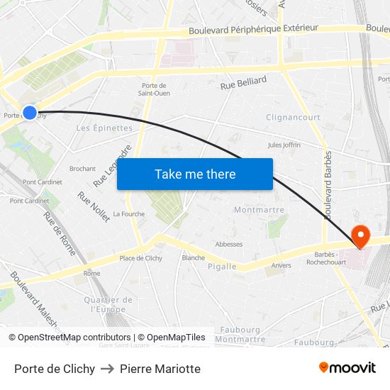 Porte de Clichy to Pierre Mariotte map