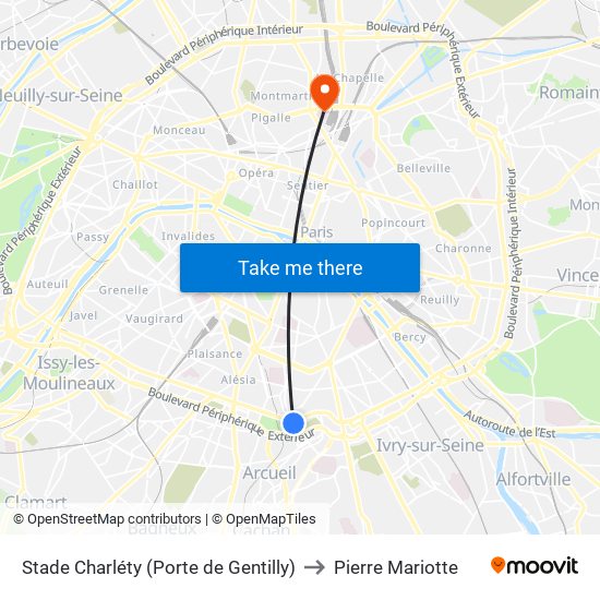 Stade Charléty (Porte de Gentilly) to Pierre Mariotte map