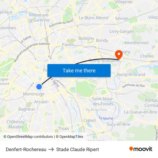 Denfert-Rochereau to Stade Claude Ripert map