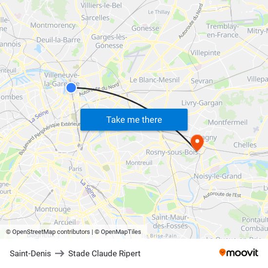 Saint-Denis to Stade Claude Ripert map