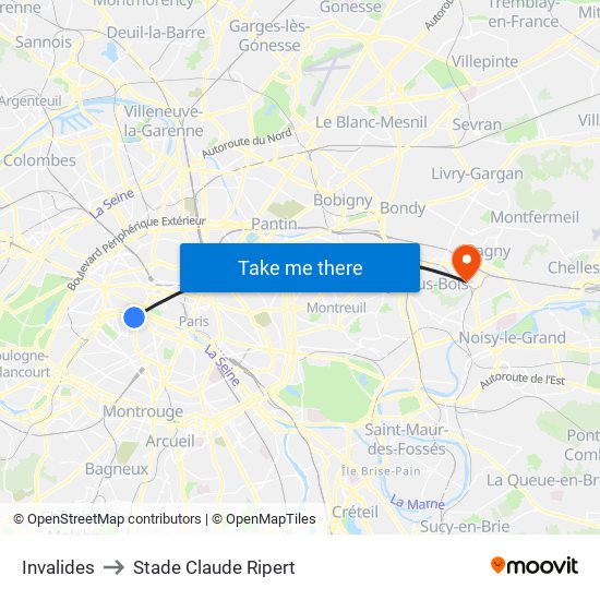 Invalides to Stade Claude Ripert map