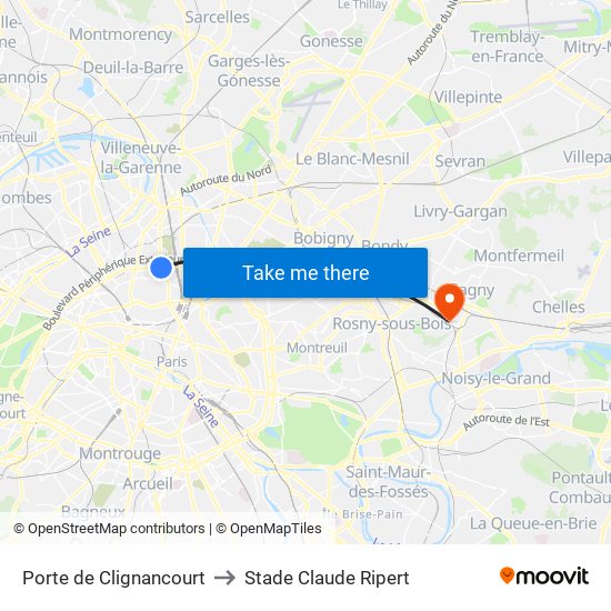 Porte de Clignancourt to Stade Claude Ripert map