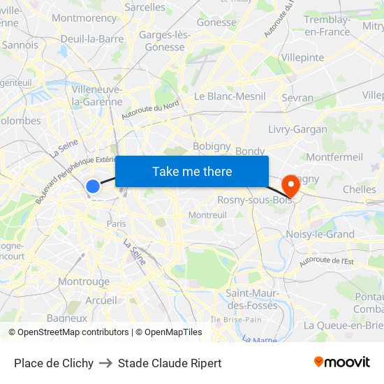Place de Clichy to Stade Claude Ripert map