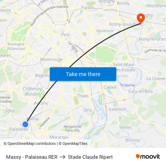 Massy - Palaiseau RER to Stade Claude Ripert map