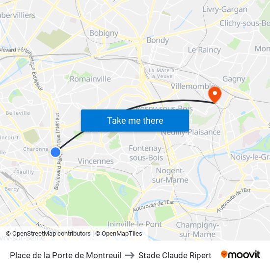 Place de la Porte de Montreuil to Stade Claude Ripert map