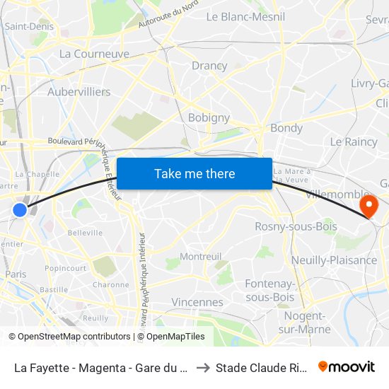 La Fayette - Magenta - Gare du Nord to Stade Claude Ripert map