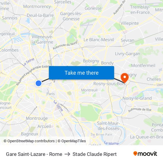 Gare Saint-Lazare - Rome to Stade Claude Ripert map