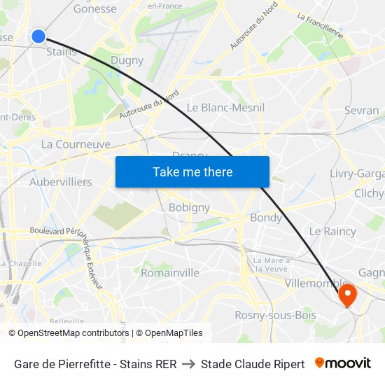 Gare de Pierrefitte - Stains RER to Stade Claude Ripert map