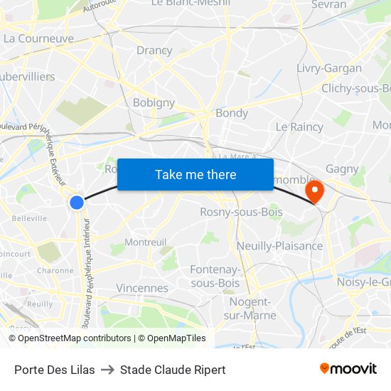 Porte Des Lilas to Stade Claude Ripert map
