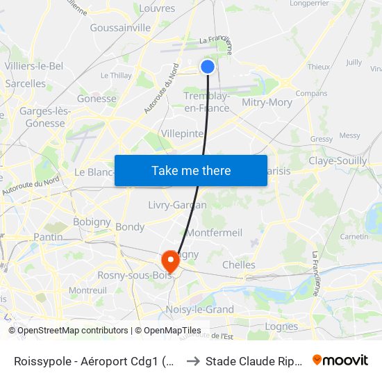 Roissypole - Aéroport Cdg1 (G1) to Stade Claude Ripert map