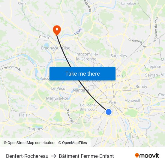 Denfert-Rochereau to Bâtiment Femme-Enfant map