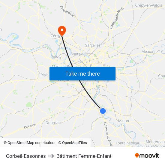 Corbeil-Essonnes to Bâtiment Femme-Enfant map