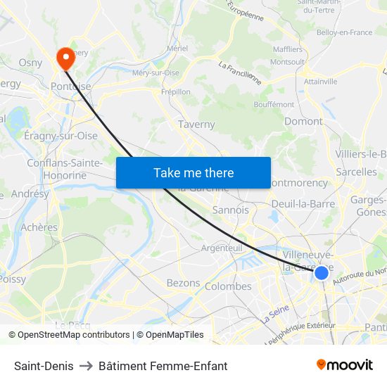 Saint-Denis to Bâtiment Femme-Enfant map