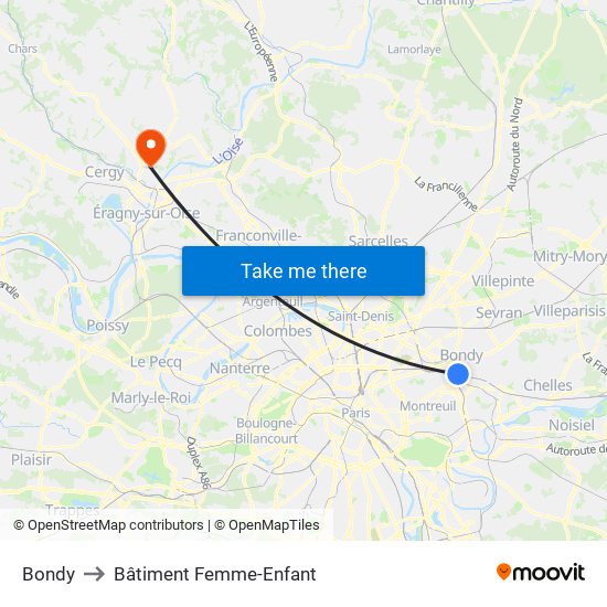 Bondy to Bâtiment Femme-Enfant map