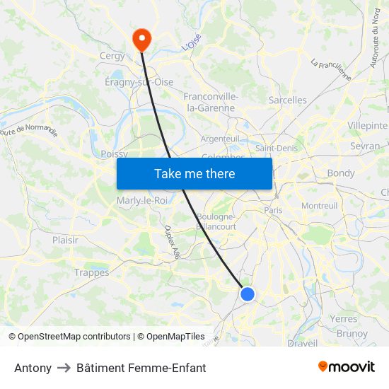 Antony to Bâtiment Femme-Enfant map