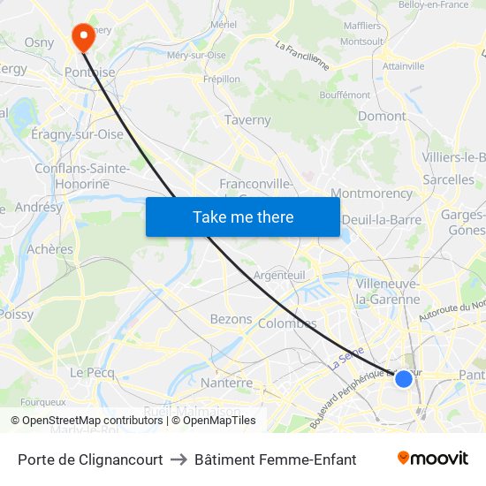 Porte de Clignancourt to Bâtiment Femme-Enfant map
